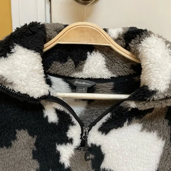 Eddie Bauer Women's Small Fireside Plush 1/4-Zip Fleece Black White & Grey - Picture 4 of 4